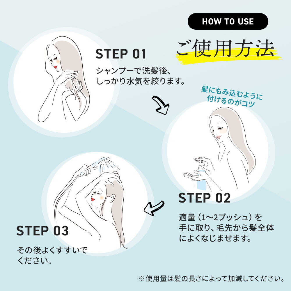 ［使用方法］シャンプーで洗髪後、しっかり水気を絞ります。適量（1～2プッシュ）を手に取り、毛先から髪全体によくなじませます。その後よくすすいでください。