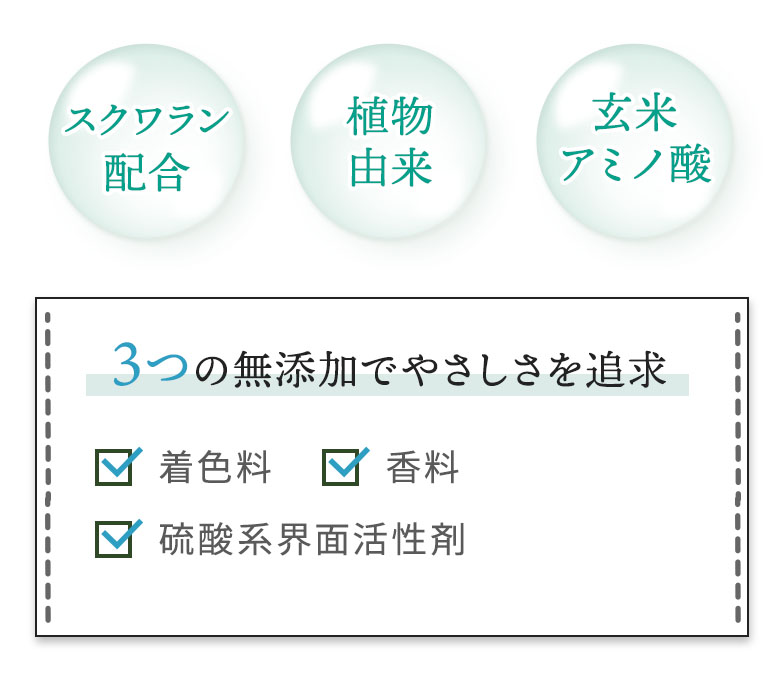 スクワラン配合、植物由来、玄米アミノ酸（着色料・香料・硫酸系界面活性剤不使用）